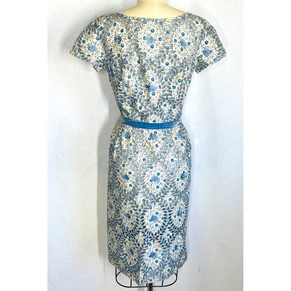 Vintage 50s 60s Blue Eyelet Wiggle Pencil Dress Size M Medium Floral VLV Pinup - Picture 5 of 7